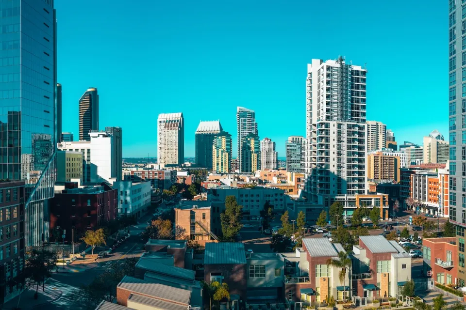 Dense high- and mid-rise buildings in San Diego, California on a sunny day.